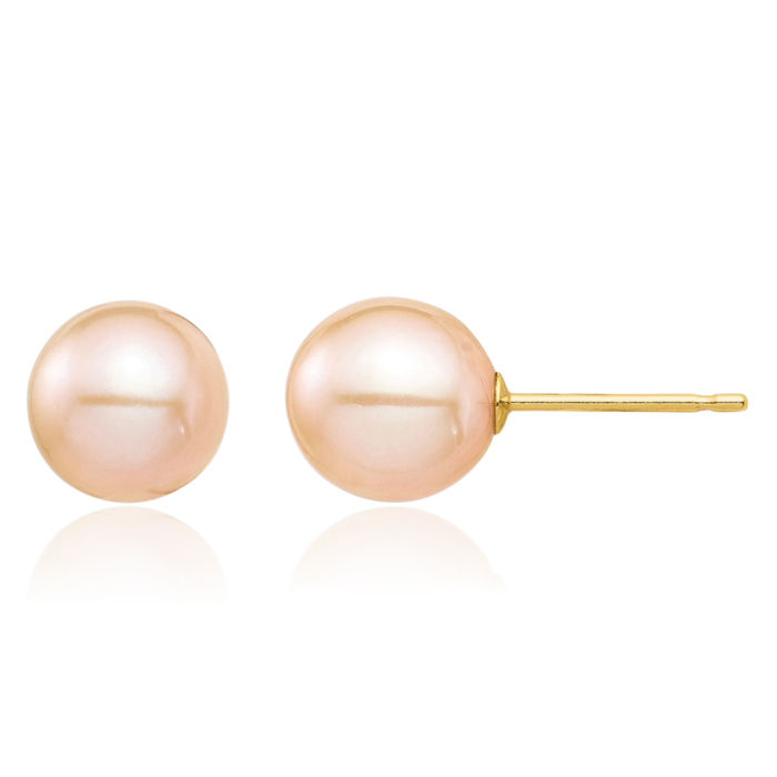 14K Solid Yellow Gold 7mm Pink Round Freshwater Cultured Pearl Stud Earrings Silicone Backs