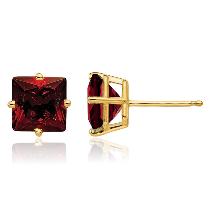 14K Solid Yellow Gold 7mm Princess-Cut Square Red Garnet Studs Gemstone Solitaire Earrings January Birthstone Jewelry