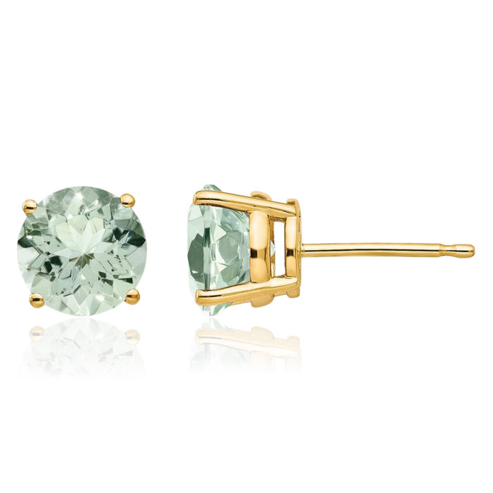 14K Solid Yellow Gold 7mm Round Green Quartz Studs Gemstone Solitaire Earrings August Birthstone Jewelry