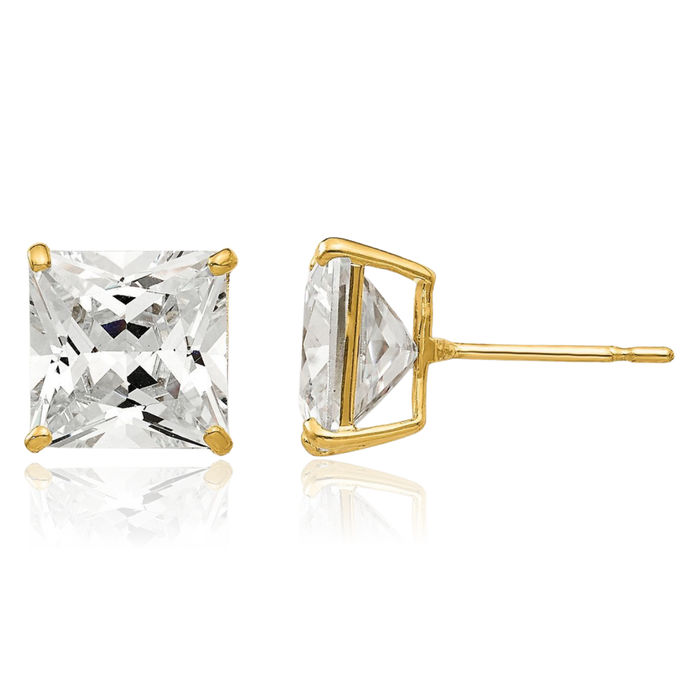14K Solid Yellow Gold 7mm Square Cubic Zirconia CZ Stud Earrings