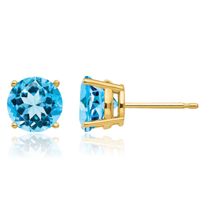 14K Solid Yellow Gold 7mm Swiss Blue Topaz Studs Gemstone Solitaire Earrings December Birthstone Jewelry