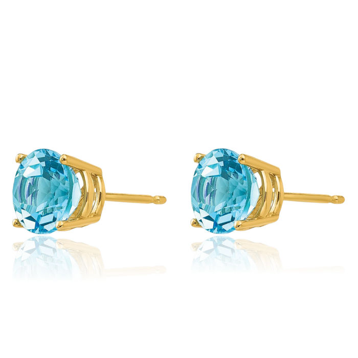 14K Solid Yellow Gold 7mm Swiss Blue Topaz Studs Gemstone Solitaire Earrings December Birthstone Jewelry