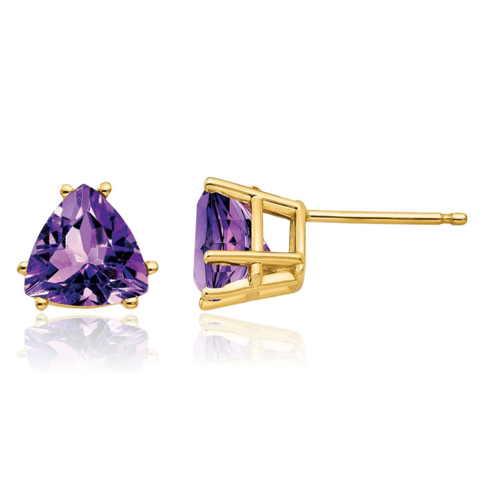 14K Solid Yellow Gold 7mm Trillion Purple Amethyst Studs Gemstone Solitaire Earrings February Birthstone Jewelry