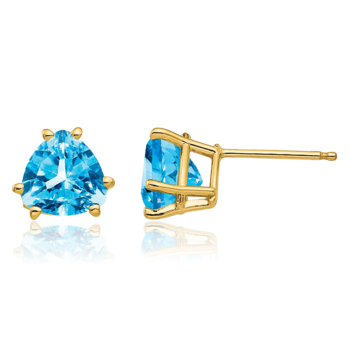 14K Solid Yellow Gold 7mm Trillion Swiss Blue Topaz Studs Gemstone Solitaire Earrings December Birthstone Jewelry