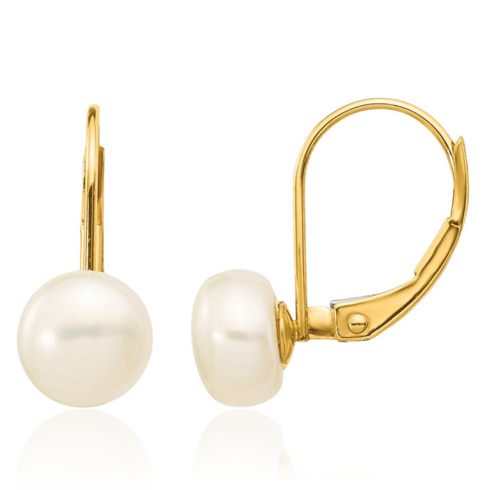 14K Solid Yellow Gold 7mm White Button Freshwater Cultured Pearl Drop Dangle Earrings