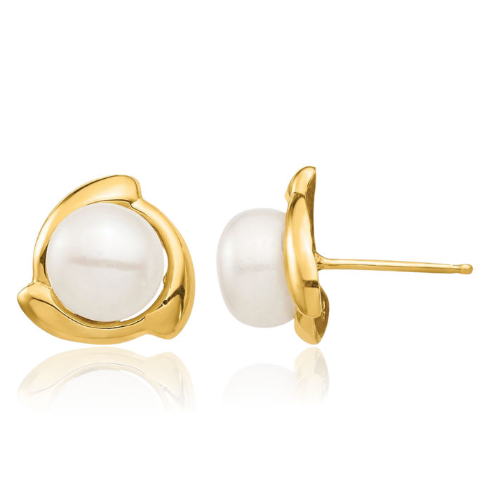 14K Solid Yellow Gold 7mm White Button Freshwater Cultured Pearl Stud Earrings