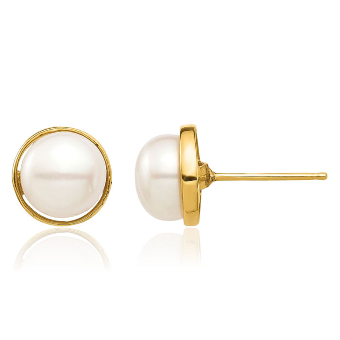 14K Solid Yellow Gold 7mm White Button Freshwater Cultured Pearl Stud Earrings Silicone Backs