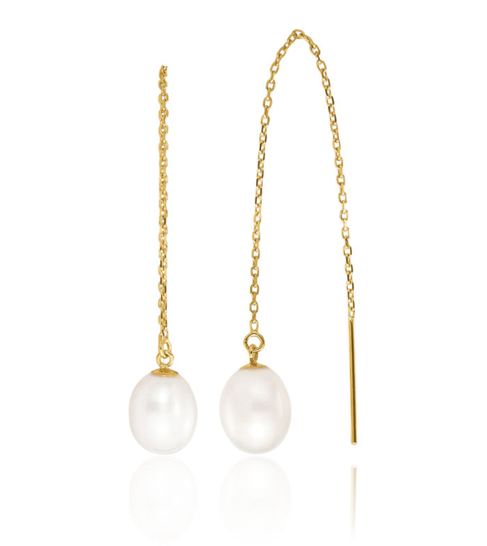 14K Solid Yellow Gold 7mm White Rice Freshwater Cultured Pearl Cable Rolo Link Chain Threader Drop Dangle Earrings