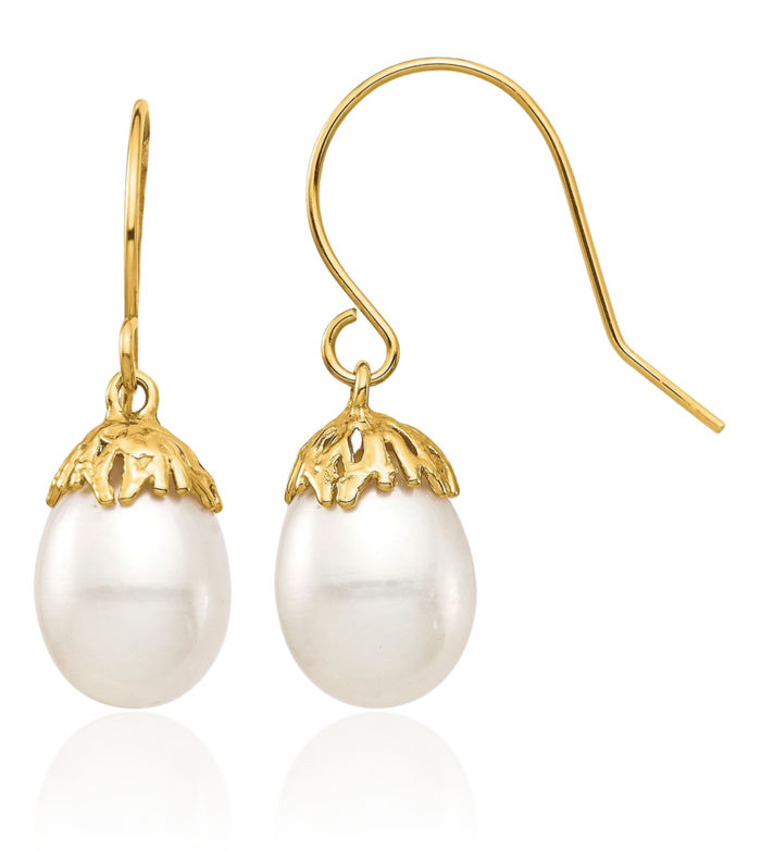 14K Solid Yellow Gold 7mm White Rice Freshwater Cultured Pearl Drop Dangle Earrings