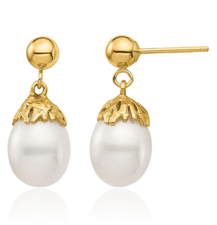 14K Solid Yellow Gold 7mm White Rice Freshwater Cultured Pearl Post Drop Dangle Earrings