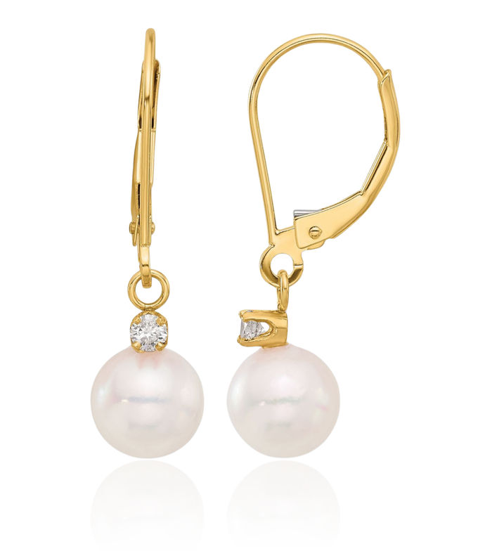 14K Solid Yellow Gold 7mm White Round Akoya Saltwater Cultured Pearl .10 Diamond Drop Dangle Earrings