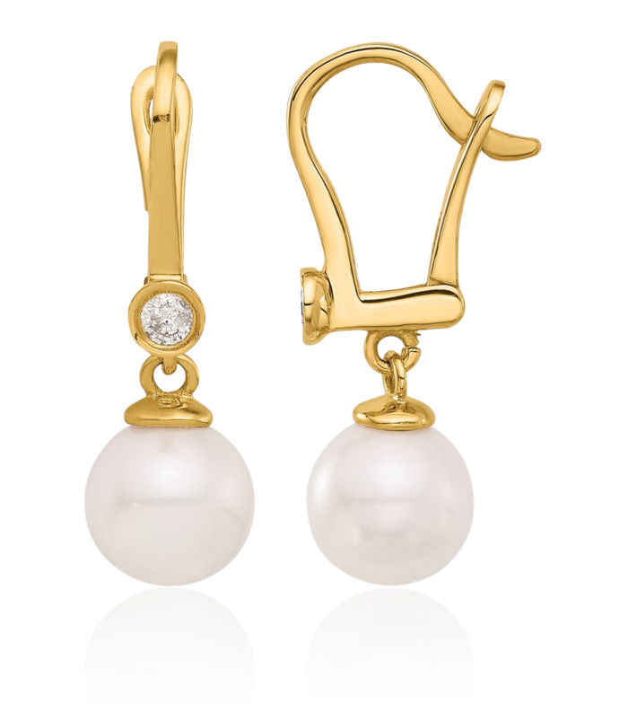 14K Solid Yellow Gold 7mm White Round Akoya Saltwater Cultured Pearl .10 Diamond Drop Dangle Earrings