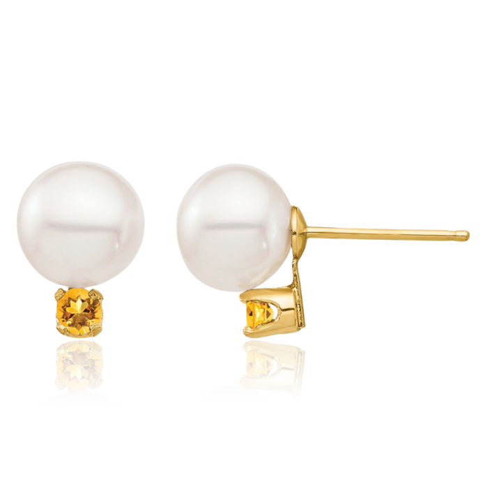 14K Solid Yellow Gold 7mm White Round Freshwater Cultured Pearl .14ci Orange Citrine Stud Earrings November Birthstone Jewelry