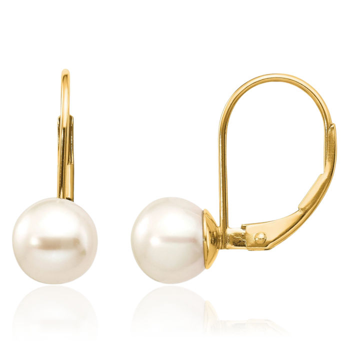 14K Solid Yellow Gold 7mm White Round Freshwater Cultured Pearl Drop Dangle Earrings Gemstone