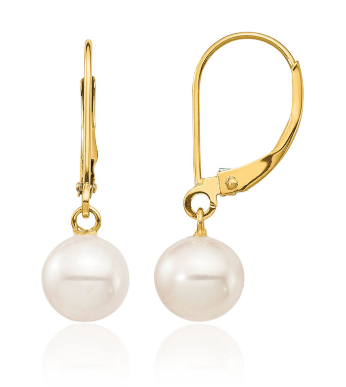 14K Solid Yellow Gold 7mm White Round Freshwater Cultured Pearl Drop Dangle Earrings Gemstone