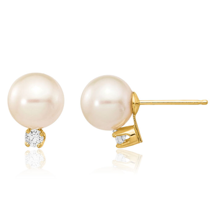 14K Solid Yellow Gold 7mm White Round Freshwater Cultured Pearl .10 Diamond Stud Earrings