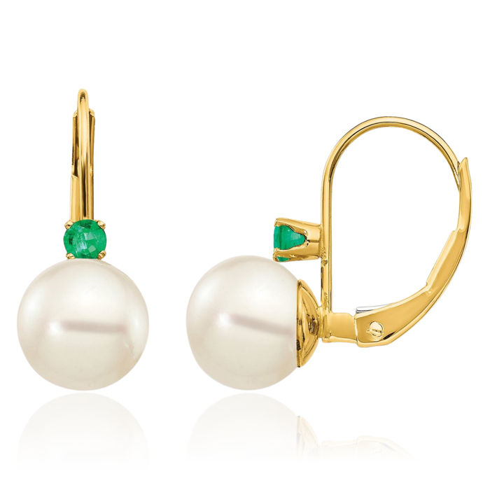 14K Solid Yellow Gold 7mm White Round Freshwater Cultured Pearl Green Emerald Drop Dangle Earrings May Birthstone Jewelry