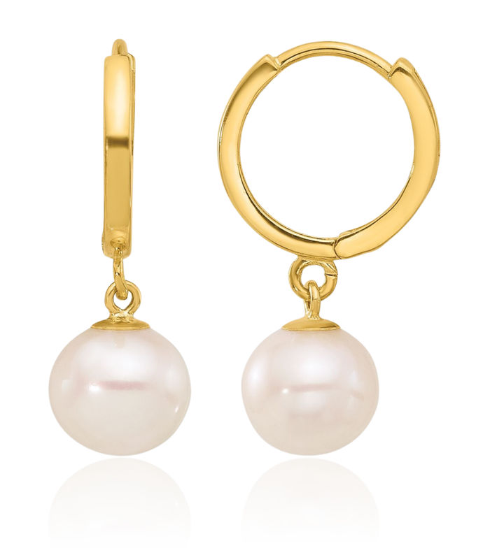 14K Solid Yellow Gold 7mm White Round Freshwater Cultured Pearl Medium Endless Hoop Drop Dangle Earrings