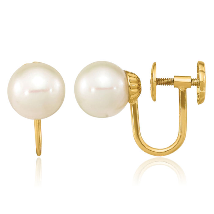 14K Solid Yellow Gold 7mm White Round Freshwater Cultured Pearl Non Pierced Clip On Stud Earrings