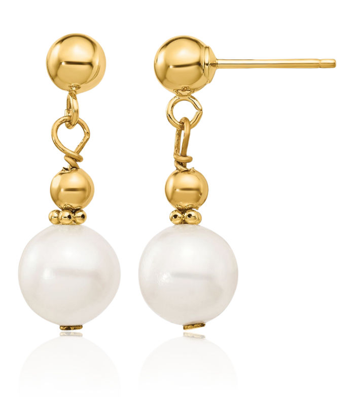 14K Solid Yellow Gold 7mm White Round Freshwater Cultured Pearl Post Drop Dangle Earrings