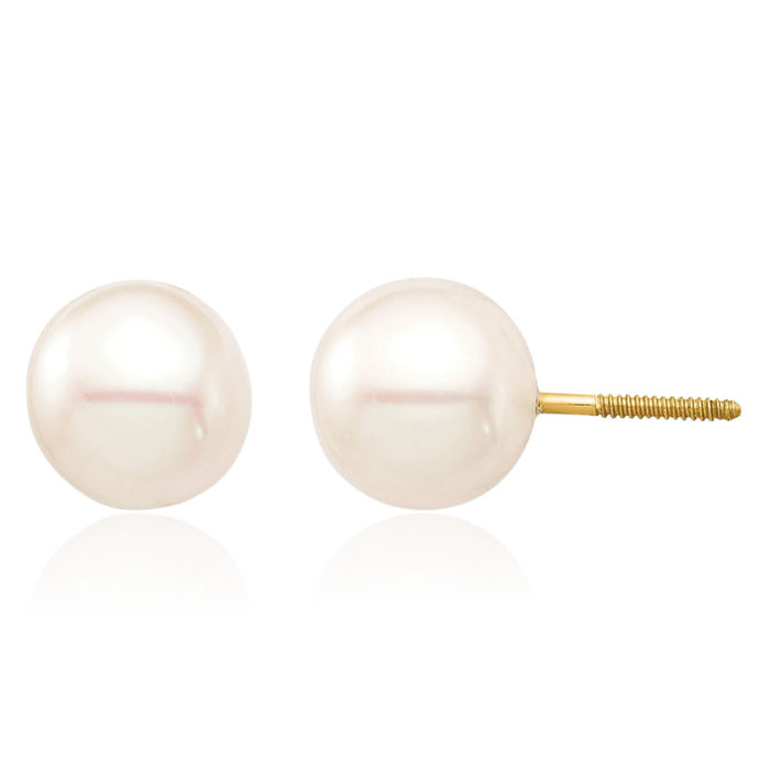 14K Solid Yellow Gold 7mm White Round Freshwater Cultured Pearl Screw Back Stud Earrings