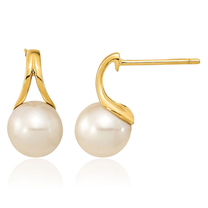 14K Solid Yellow Gold 7mm White Round Freshwater Cultured Pearl Stud Earrings