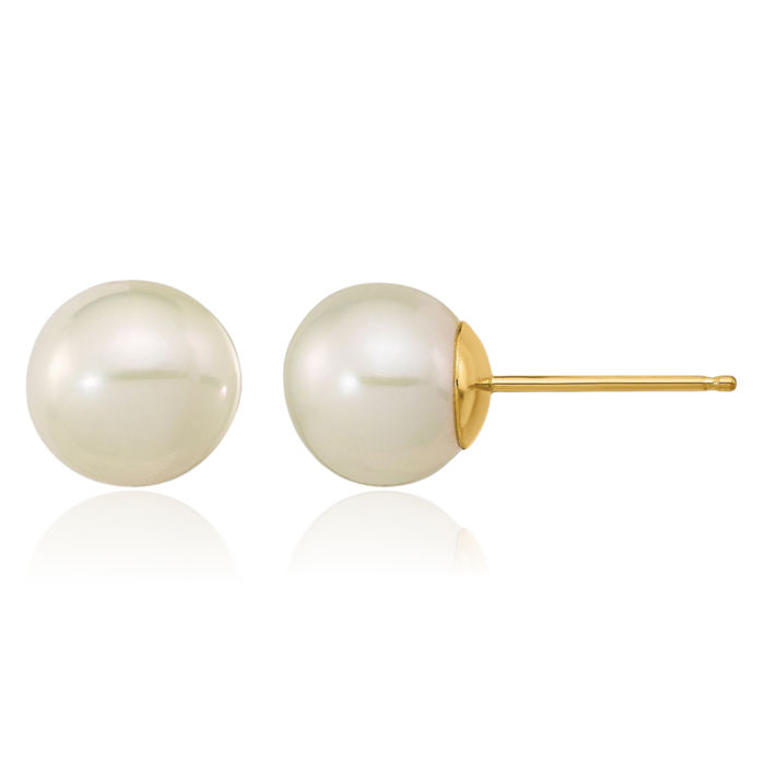 14K Solid Yellow Gold 7mm White Round Freshwater Cultured Pearl Stud Earrings Silicone Backs