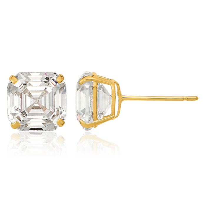 14K Solid Yellow Gold 7x7 Asscher Cut Cubic Zirconia CZ Studs Earrings