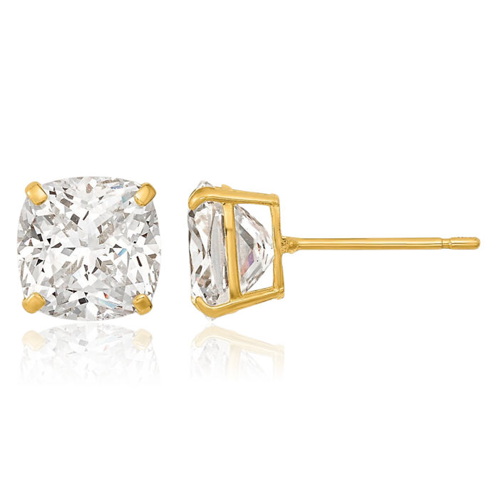 14K Solid Yellow Gold 7x7 Cushion-Cut Cubic Zirconia CZ Studs Earrings