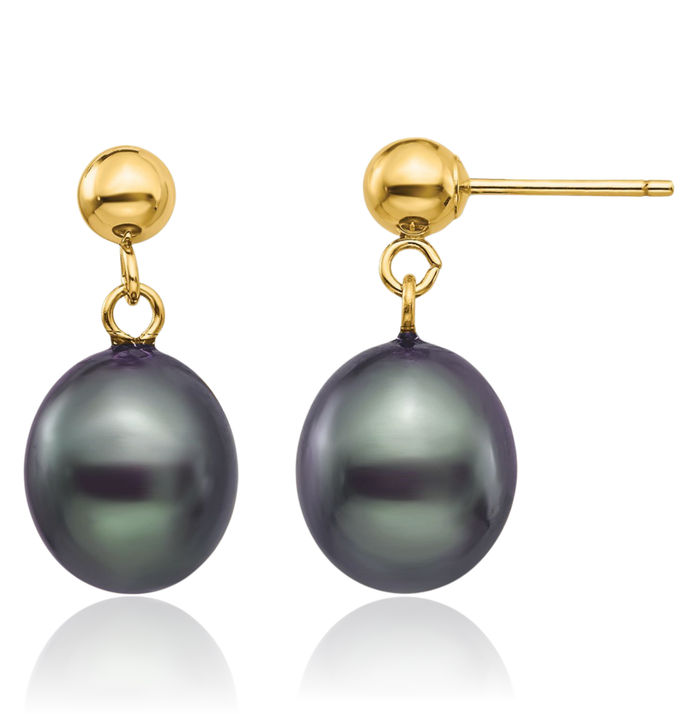 14K Solid Yellow Gold 8mm Black Rice Freshwater Cultured Pearl Post Drop Dangle Earrings