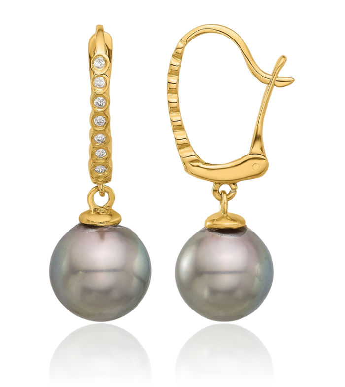 14K Solid Yellow Gold 8mm Black Round Tahitian Saltwater Cultured Pearl .07 Diamond Drop Dangle Earrings