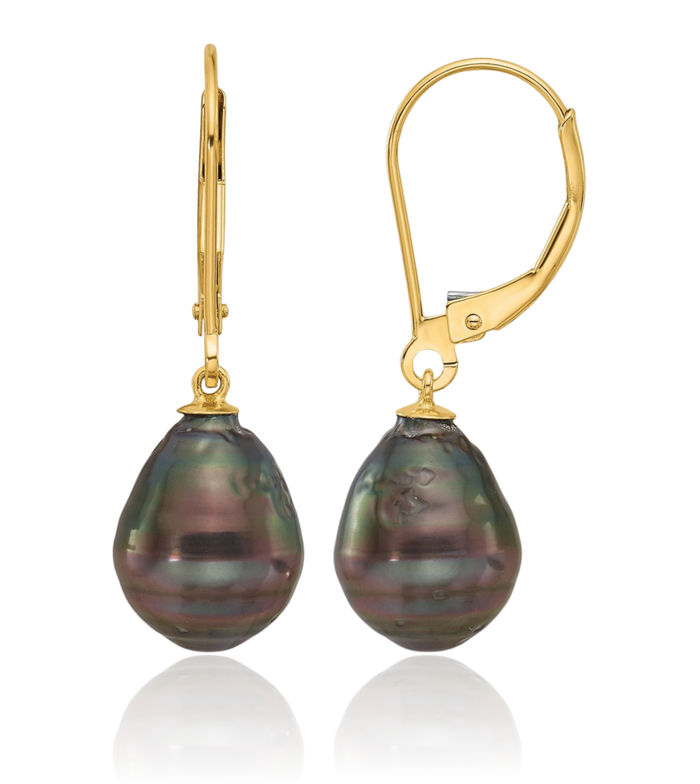 14K Solid Yellow Gold 8mm Black Teardrop Tahitian Saltwater Cultured Pearl Drop Dangle Earrings