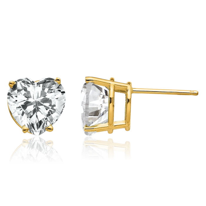 14K Solid Yellow Gold 8mm Heart Cubic Zirconia CZ Studs Gemstone Earrings April Birthstone Jewelry