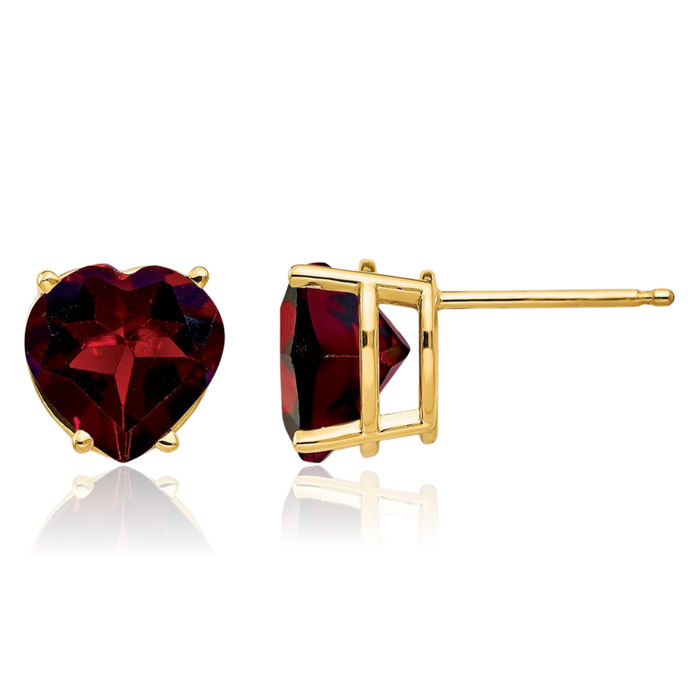 14K Solid Yellow Gold 8mm Heart Red Garnet Studs Gemstone Earrings January Birthstone Jewelry