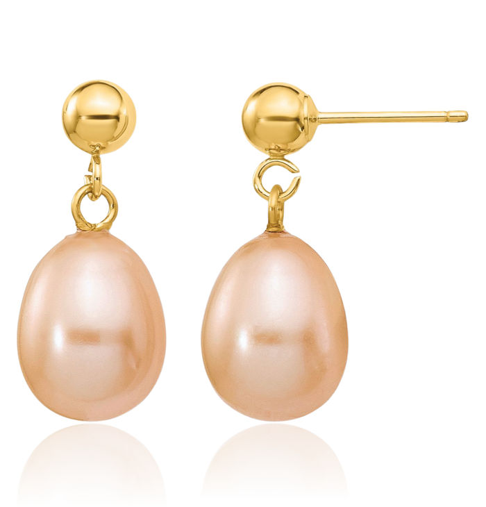 14K Solid Yellow Gold 8mm Pink Rice Freshwater Cultured Pearl Post Drop Dangle Earrings