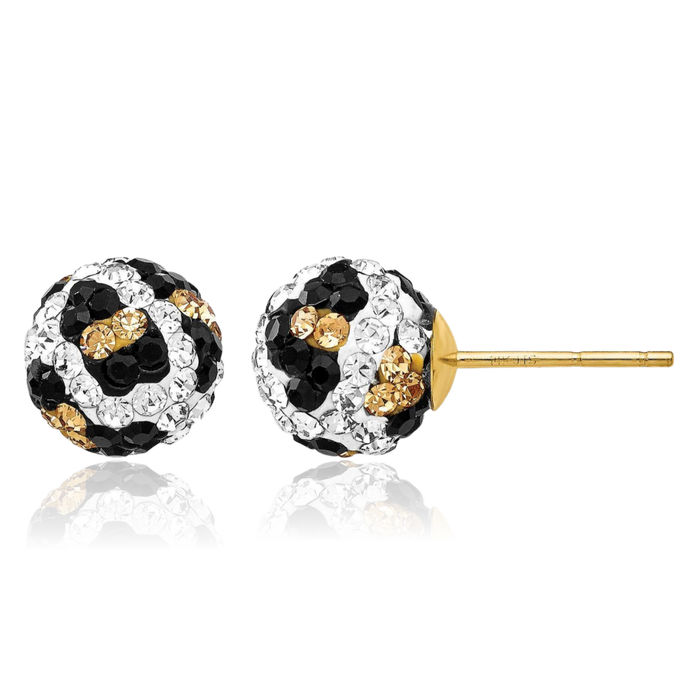 14K Solid Yellow Gold 8mm Post Leopard White Black Rhinestone Crystals Stud Earrings