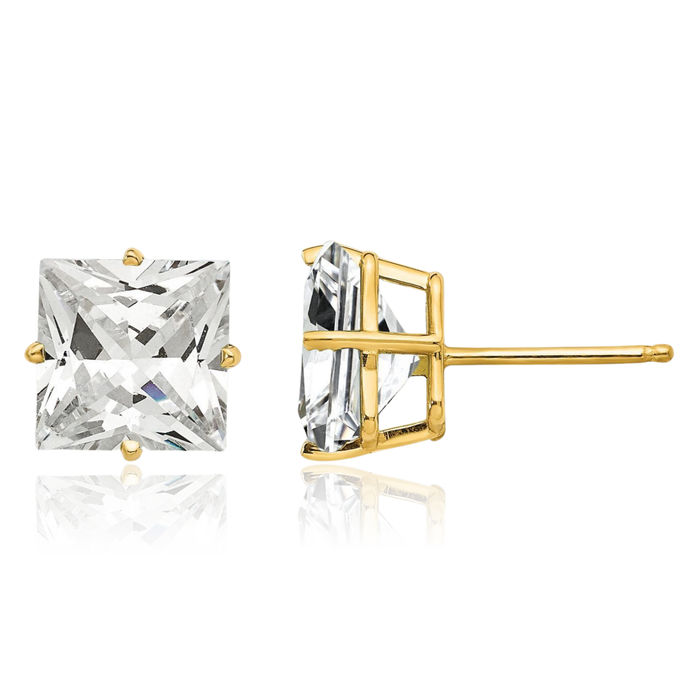 14K Solid Yellow Gold 8mm Princess-Cut Square Cubic Zirconia CZ Studs Gemstone Solitaire Earrings April Birthstone Jewelry