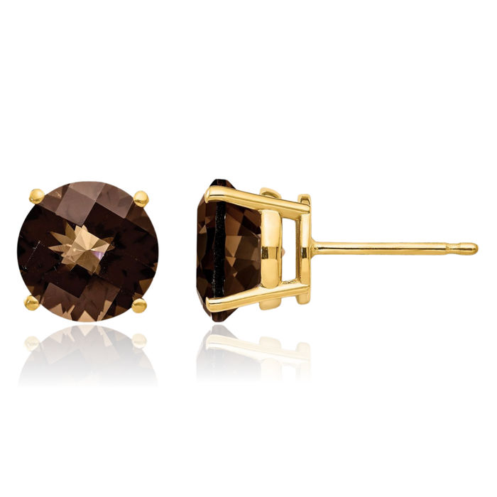 14K Solid Yellow Gold 8mm Round Checker Cut Brown Smoky Quartz Studs Gemstone Solitaire Earrings June Birthstone Jewelry