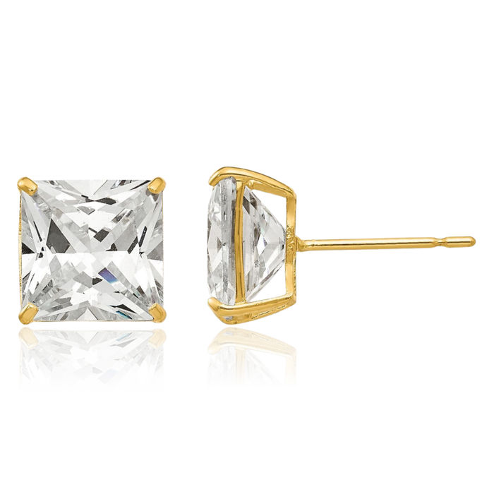 14K Solid Yellow Gold 8mm Square Cubic Zirconia CZ Stud Earrings