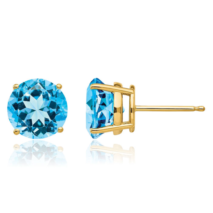 14K Solid Yellow Gold 8mm Swiss Blue Topaz Studs Gemstone Solitaire Earrings December Birthstone Jewelry