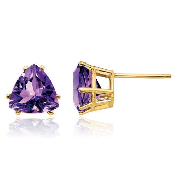14K Solid Yellow Gold 8mm Trillion Purple Amethyst Studs Gemstone Solitaire Earrings February Birthstone Jewelry