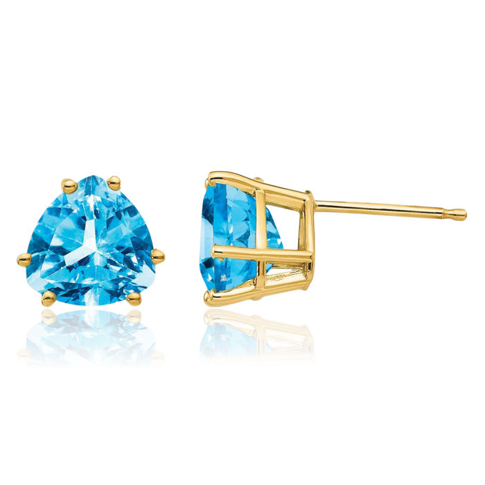 14K Solid Yellow Gold 8mm Trillion Swiss Blue Topaz Studs Gemstone Solitaire Earrings December Birthstone Jewelry