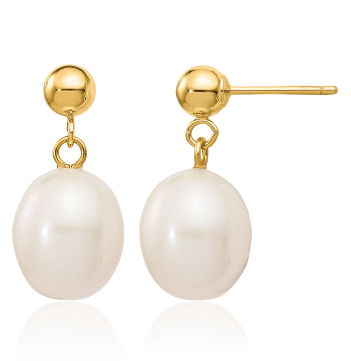 14K Solid Yellow Gold 8mm White Rice Freshwater Cultured Pearl Post Drop Dangle Earrings