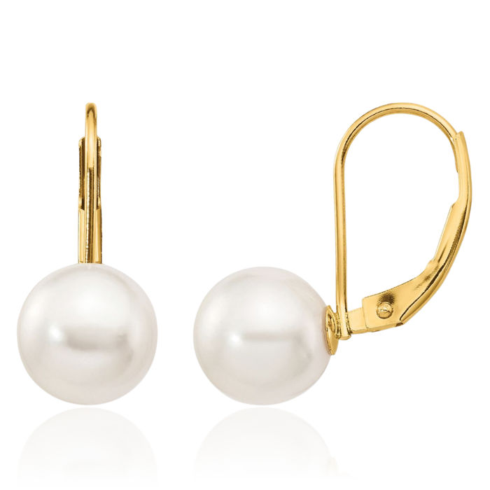 14K Solid Yellow Gold 8mm White Round Akoya Saltwater Cultured Pearl Drop Dangle Earrings Gemstone