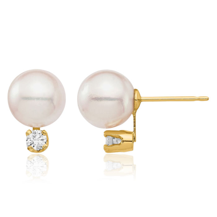 14K Solid Yellow Gold 8mm White Round Akoya Saltwater Cultured Pearl Diamond Stud Earrings