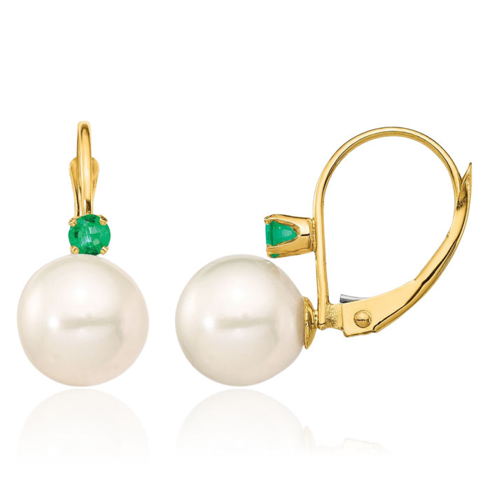 14K Solid Yellow Gold 8mm White Round Freshwater Cultured Pearl .18em Green Emerald Drop Dangle Earrings Gemstone May Birthstone Jewelry