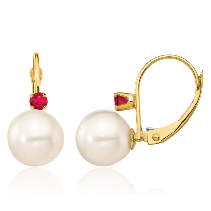 14K Solid Yellow Gold 8mm White Round Freshwater Cultured Pearl .18ru Ruby Drop Dangle Earrings Gemstone July Birthstone Jewelry