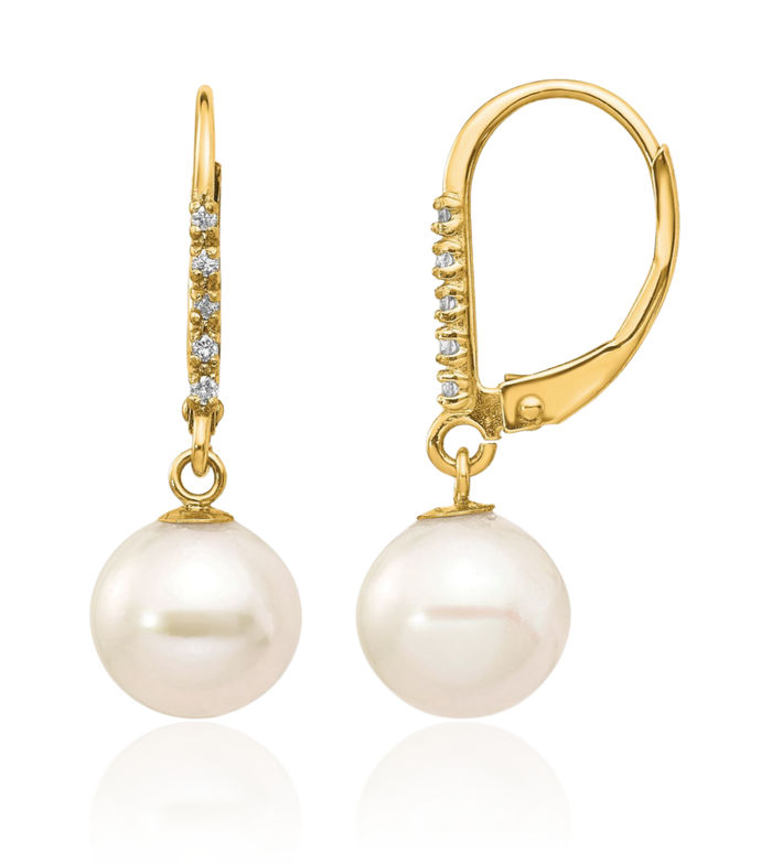 14K Solid Yellow Gold 8mm White Round Freshwater Cultured Pearl Diamond Drop Dangle Earrings