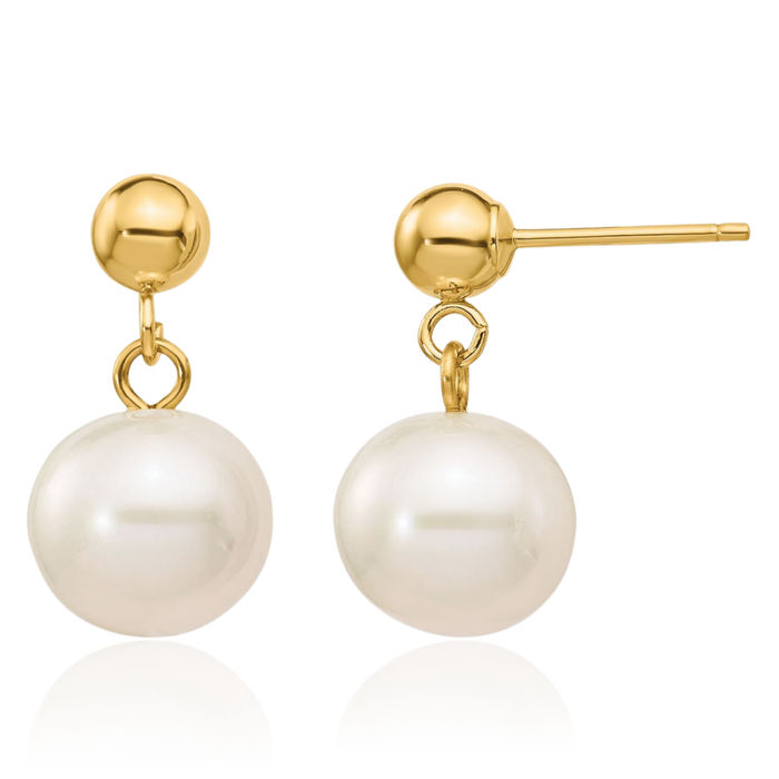 14K Solid Yellow Gold 8mm White Round Freshwater Cultured Pearl Post Drop Dangle Earrings