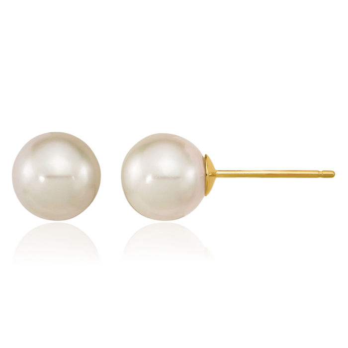 14K Solid Yellow Gold 8mm White Round South Sea Saltwater Cultured Pearl Stud Earrings